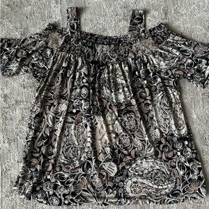 NWOT Susan Graver Off The Shoulder Top 1X Blouse Shirring Neck Flutter Sleeve